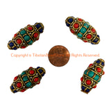 2 BEADS - EXTRA BIG Tibetan Bicone Beads with Brass, Turquoise & Coral, Lapis Inlays - Ethnic Nepal Tibetan Handmade Beads - B3540B-2