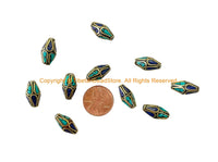 10 BEADS Tibetan Bicone Beads with Brass, Lapis & Turquoise Inlays - Handmade Brass Inlay Beads - B3539-10