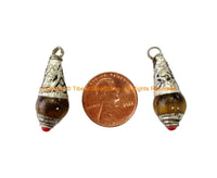 2 PENDANTS - AS IS Ethnic Tibetan Tigers Eye Drop Charm Pendants with Tibetan Silver Caps & Red Coral Accent - WM8012