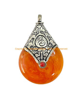 BIG Reversible Tibetan Resin Amber Pendant with Tibetan Silver Caps, Repousse Lotus Flower Details & Bead Inlay Accent - WM7999B-1