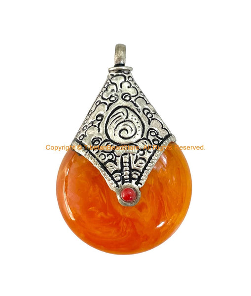 BIG Reversible Tibetan Resin Amber Pendant with Tibetan Silver Caps, Repousse Lotus Flower Details & Bead Inlay Accent - WM7999B-1