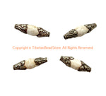 4 BEADS - Tibetan Ethnic Naga Conch Beads with Repousse Hand Carved Floral Detail Tibetan Silver Caps - B3241-4