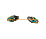 2 BEADS Tibetan Bicone Beads with Brass, Lapis & Turquoise Inlays - Handmade Brass Inlay Beads - B3539-2