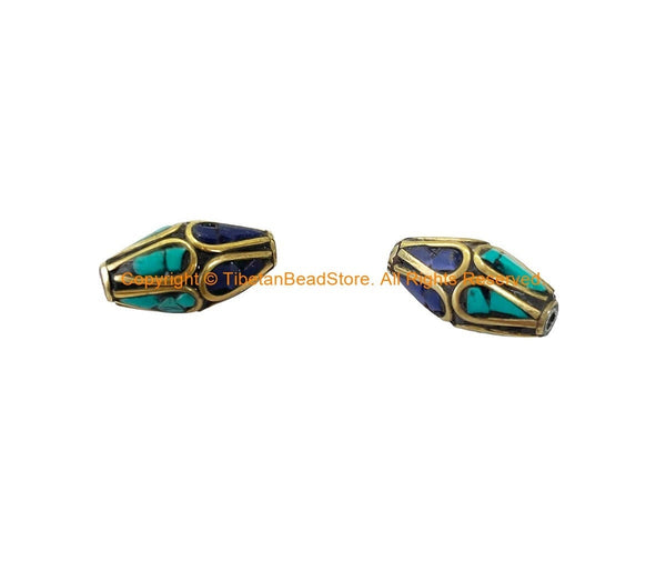 2 BEADS Tibetan Bicone Beads with Brass, Lapis & Turquoise Inlays - Handmade Brass Inlay Beads - B3539-2