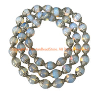 4 BEADS - Tibetan Milky Quartz Beads with Repousse Tibetan Silver Caps- B3417S-4