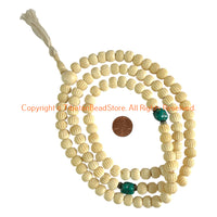 Tibetan Mala Prayer Beads with Turquoise Spacers - 108 Carved Bone 10mm Beads Mala Meditation Prayer Beads Hand Carved Bone Beads - PB203