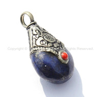 Tibetan Lapis Amulet Pendant with Tibetan Silver Caps & Red Bead Accent - Ethnic Lapis Amulet Pendant with Repousse Cap - WM3584A