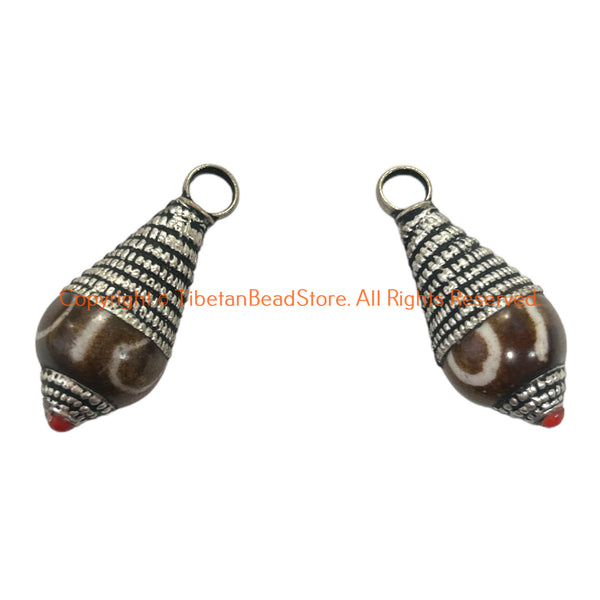 2 PENDANTS - Tibetan Dzi Design Resin Charm Pendants with Repousse Tibetan Silver Caps & Bead Accent - WM6515C-2