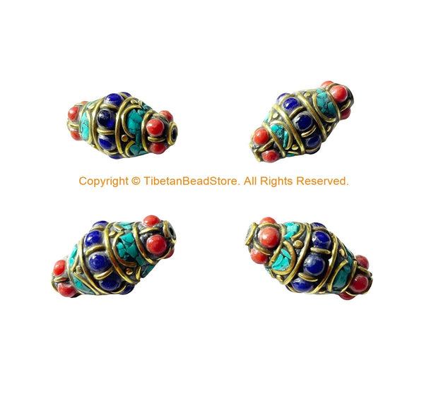 4 BEADS - BIG Tibetan Bicone Beads with Brass, Turquoise & Coral, Lapis Inlays - Ethnic Nepal Tibetan Handmade Beads - B3540-4