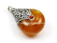 2 PENDANTS - Reversible Tibetan Resin Amber Pendants with Tibetan Silver Caps, Repousse Lotus Flower Details & Bead Inlay Accent - WM7999-2