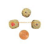 3 BEADS - LARGE BIG Handmade Ethnic Tibetan Inlaid Beads- Cube Box Shape Inlay Bead - B3533A