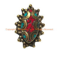 Beautiful Handmade Tibetan Statement Ring with Turquoise & Coral Inlays - 5.75 (U.S. Size) - Ethnic Ring - R347