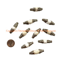 10 BEADS - Tibetan Ethnic Naga Conch Beads with Repousse Hand Carved Floral Detail Tibetan Silver Caps - B3241-10