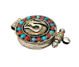 Tibetan "OM" Prayer Box Ghau Amulet Pendant with Turquoise & Coral Inlays - Ethnic Ghau Pendant - Om Aum Ohm - WM7272