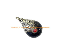 Tibetan Lapis Amulet Pendant with Tibetan Silver Caps & Red Bead Accent - Ethnic Lapis Amulet Pendant with Repousse Cap - WM3584A