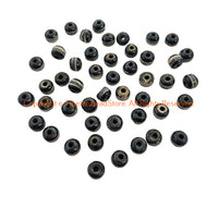 47 BEADS - Black Bone Inlaid Tibetan Beads with Turquoise & Coral Inlays - 9mm-10mm - B3414K