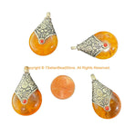 2 PENDANTS - Reversible Tibetan Resin Amber Pendants with Tibetan Silver Caps, Repousse Lotus Flower Details & Bead Inlay Accent - WM7999-2
