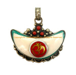 Ethnic Tibetan Sanskrit OM Mantra Naga Conch Shell Crescent Moon-Shape Pendant with Turquoise & Lapis Bead Inlays - WM8011B