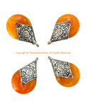 2 PENDANTS - BIG Reversible Tibetan Resin Amber Pendants with Tibetan Silver Caps, Repousse Lotus Flower Details & Bead Accent - WM7999B-2
