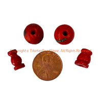 2 SETS - Tibetan Inlaid Red Bone Guru Bead Sets - Inlay Bone Guru Beads & Caps - Mala Making Supply 3 Hole Guru Beads - GB123R