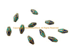 10 BEADS Tibetan Bicone Beads with Brass, Lapis & Turquoise Inlays - Handmade Brass Inlay Beads - B3539-10