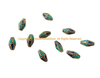 4 BEADS Tibetan Bicone Beads with Brass, Lapis & Turquoise Inlays - Handmade Brass Inlay Beads - B3539-4
