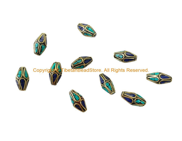 10 BEADS Tibetan Bicone Beads with Brass, Lapis & Turquoise Inlays - Handmade Brass Inlay Beads - B3539-10
