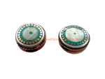 2 BEADS - Handmade Ethnic Tibetan Shell Beads with Turquoise & Coral Inlays - Reversible Disc Beads - B3412B-2
