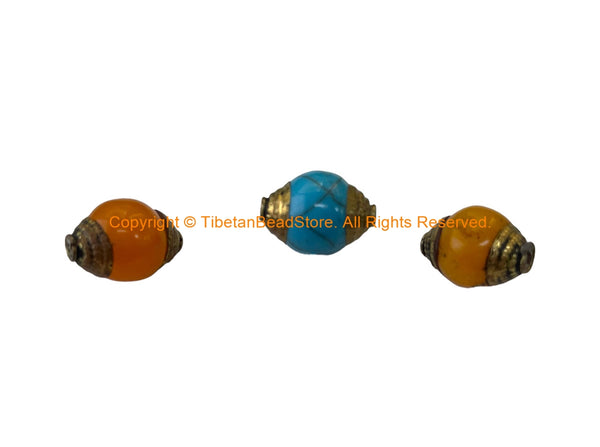 3BEADS - 10mm Size Amber & Blue Resin Tibetan Beads with Handmade Brass Caps - B3541E