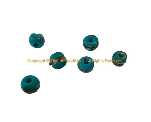 6 BEADS - 8mm Size Blue Bone Tibetan Beads with Metal Inlays - B3541G