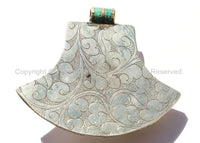 OOAK LARGE Tibetan Labradorite Pendant with Repousse Carved Lotus Floral Details & Turquoise Inlays - WM5600