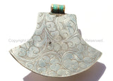 OOAK LARGE Tibetan Labradorite Pendant with Repousse Carved Lotus Floral Details & Turquoise Inlays - WM5600
