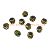 4 BEADS - Handmade Ethnic Tibetan Beads with Brass, Lapis, Turquoise & Coral Inlays - Reversible Disc Beads - B3420D-4
