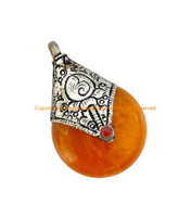 BIG Reversible Tibetan Resin Amber Pendant with Tibetan Silver Caps, Repousse Lotus Flower Details & Bead Inlay Accent - WM7999B-1