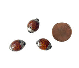 3 BEADS Tibetan Brown Crackle Resin Beads with Repousse Tibetan Silver Caps - 10mm-11mm Handmade Tibetan Beads - B3532-3