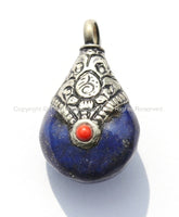 Small Tibetan Lapis Amulet Pendant with Tibetan Silver Caps & Red Coral Accent - Ethnic Lapis Amulet Pendant with Repousse Cap - WM3584