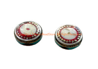 2 BEADS - Handmade Ethnic Tibetan Shell Beads with Turquoise & Coral Inlays - Reversible Disc Beads - B3412C-2