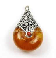 2 PENDANTS - Reversible Tibetan Resin Amber Pendants with Tibetan Silver Caps, Repousse Lotus Flower Details & Bead Inlay Accent - WM7999-2
