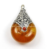 2 PENDANTS - Reversible Tibetan Resin Amber Pendants with Tibetan Silver Caps, Repousse Lotus Flower Details & Bead Inlay Accent - WM7999-2