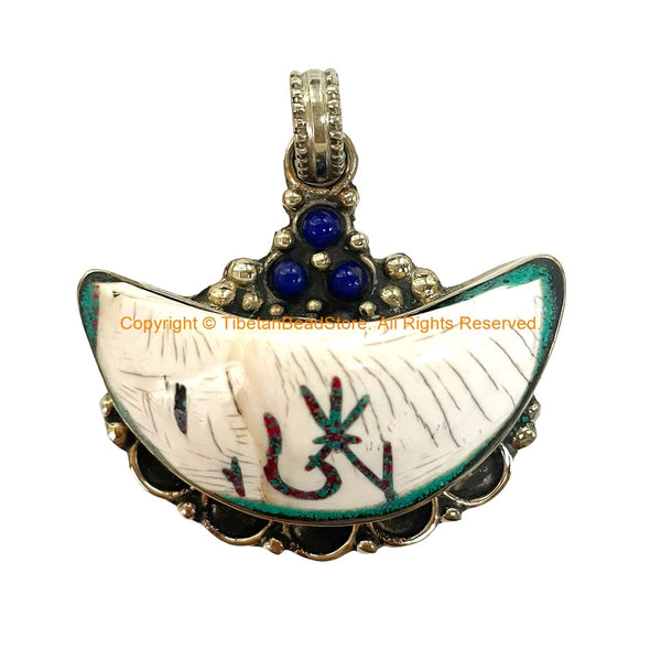 Ethnic Tibetan OM Mantra Naga Conch Shell Moon-Shape Pendant with Turquoise & Lapis Bead Inlays - Tibetan Pendants - WM8011A