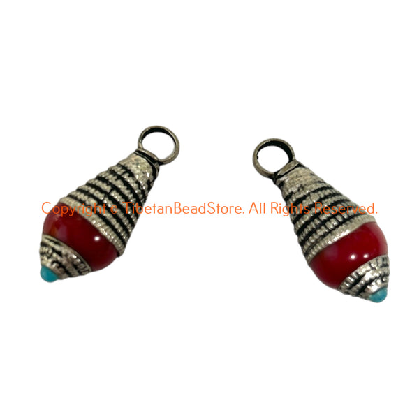 2 Pendants - Tibetan Red Coral Resin Charm Pendants with Tibetan Silver Caps & Blue Bead Accent - WM6515A-2