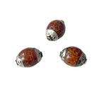 3 BEADS Tibetan Brown Crackle Resin Beads with Repousse Tibetan Silver Caps - 10mm-11mm Handmade Tibetan Beads - B3532-3
