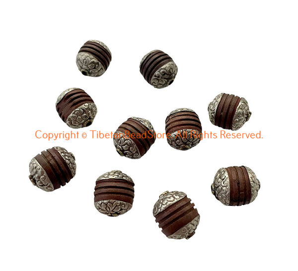 10 BEADS - Handmade Tibetan Carved Wood Beads with Repousse Floral Tibetan Silver Caps - B3411-10
