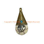 Small Reversible Tibetan Crackle Resin Charm Pendant with Brass Wire Cap, Repousse Vajra Dorje & Bead Details - WM6512B