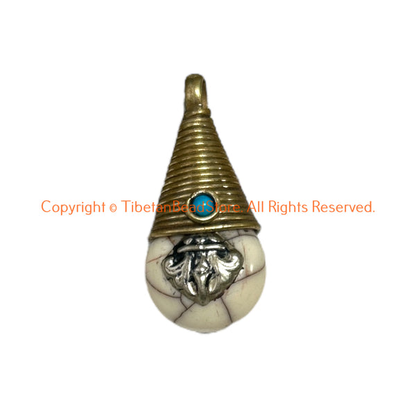 Small Reversible Tibetan Crackle Resin Charm Pendant with Brass Wire Cap, Repousse Vajra Dorje & Bead Details - WM6512B
