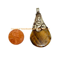 Himalayan Tigers Eye Gemstone Handmade Tibetan Pendant with Decorative Floral Bail - WM7998B