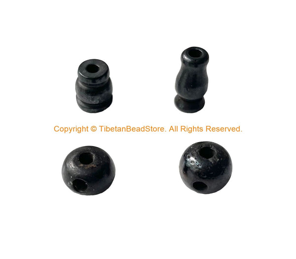 2 SETS - Tibetan Dark Black Bone Guru Bead Sets - Black Bone 3 Hole Guru Beads & Caps - Prayer Beads Mala Supplies- GB115-2