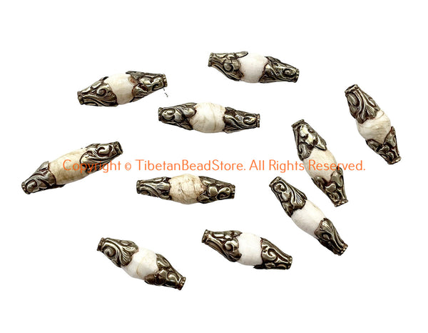 10 BEADS - Tibetan Ethnic Naga Conch Beads with Repousse Hand Carved Floral Detail Tibetan Silver Caps - B3241-10