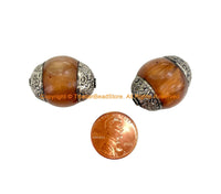 2 beads - Tibetan Lustrous Brown Copal Beads with Double Vajra Filigree Repousse Tibetan Silver Caps - Quality Ethnic Unique Beads - B3538-2