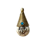 Reversible Ethnic Tibetan White Crackle Resin Charm Pendant with Handmade Wire Cap, Vajra Dorje & Bead Inlays - 15mm x 30mm - WM7864B